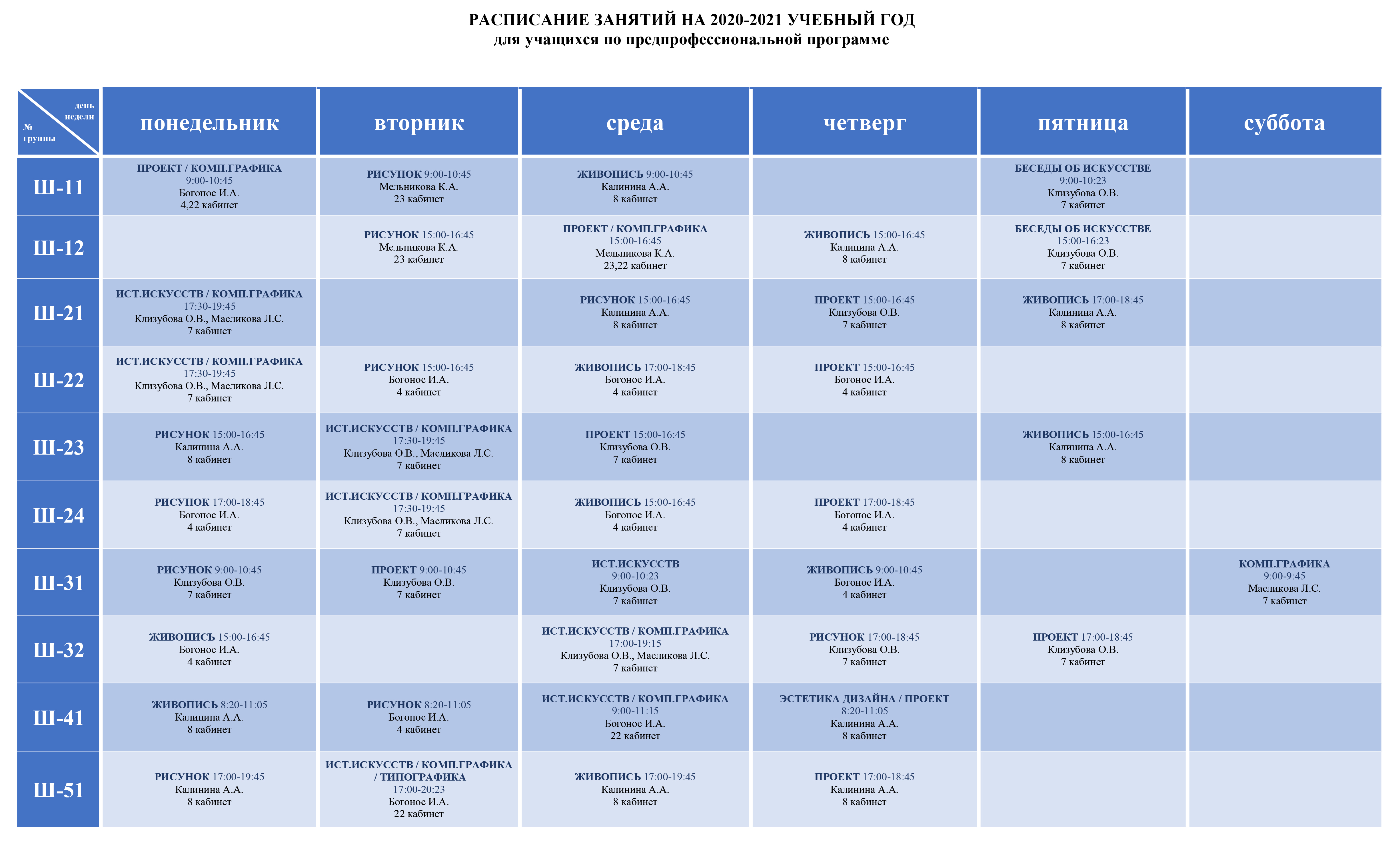 Расписание занятий 2020-2021